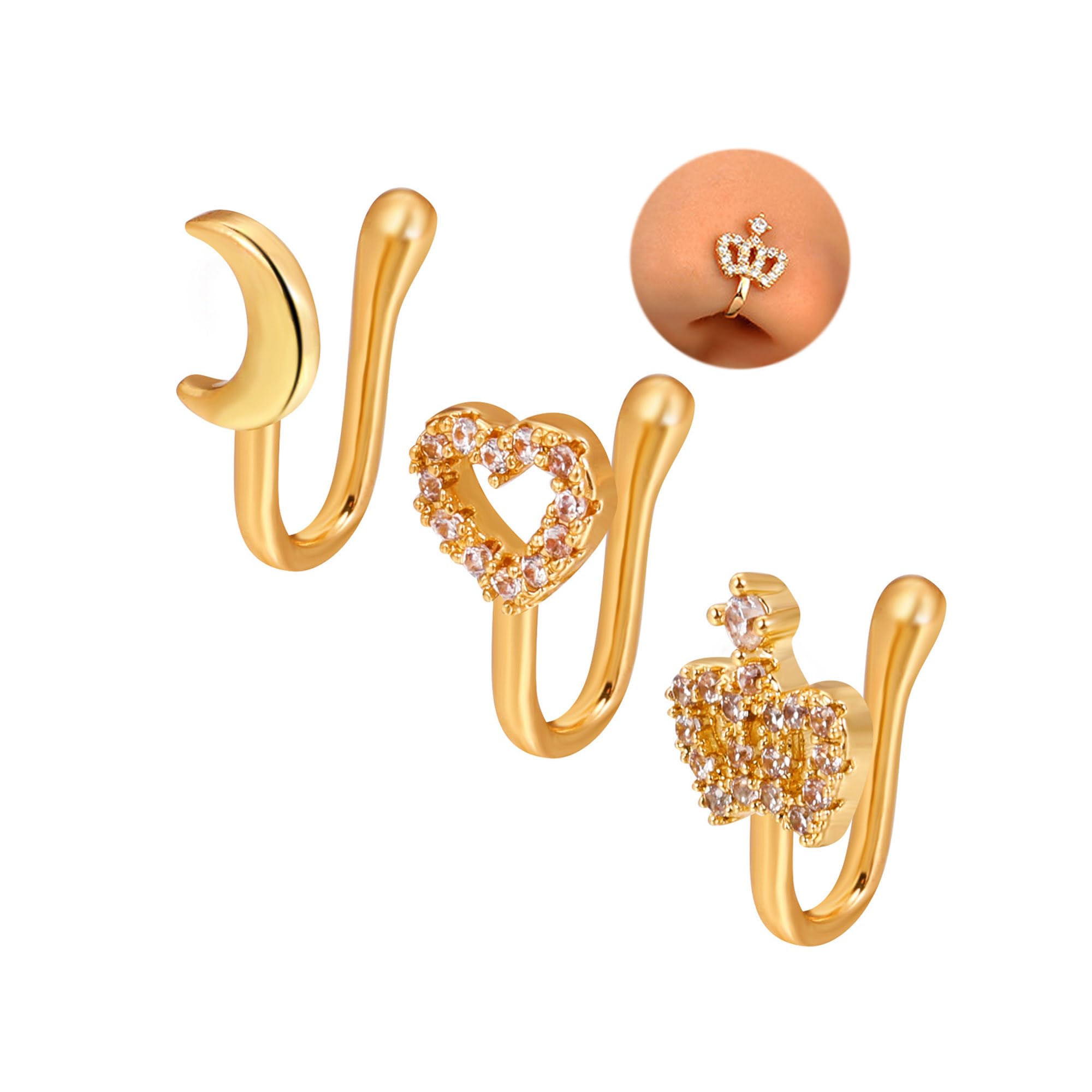 Gold Illusion Nose Rings: Moon, Heart & Crown Cuffs