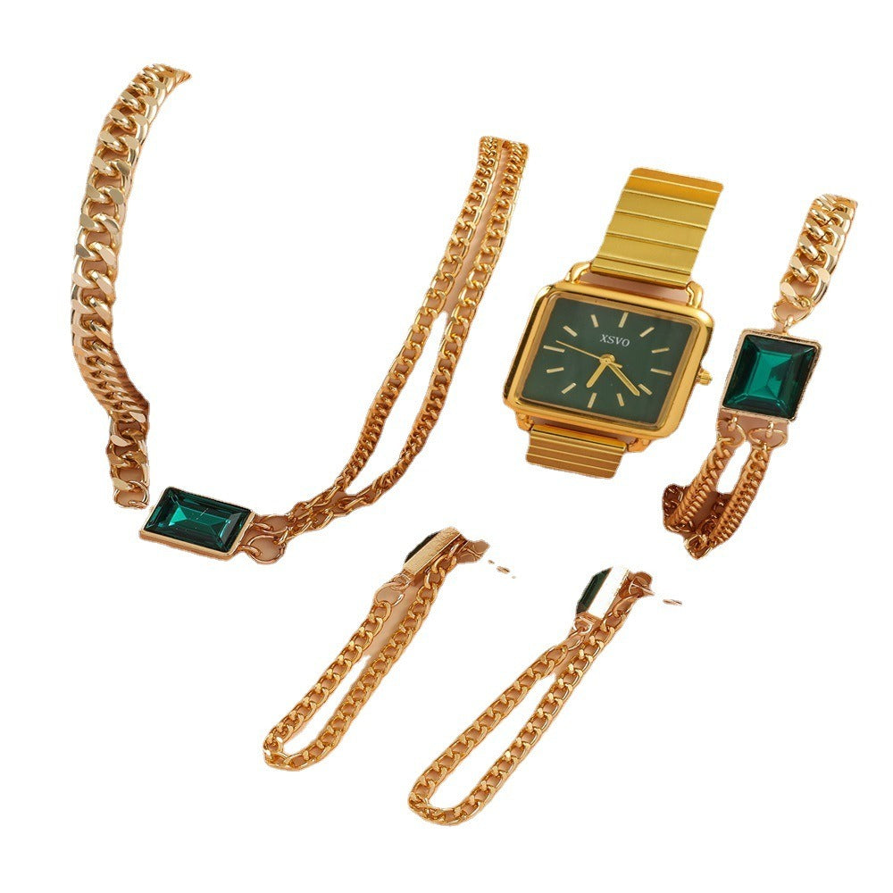 Quartz Watch & Emerald Jewelry Set