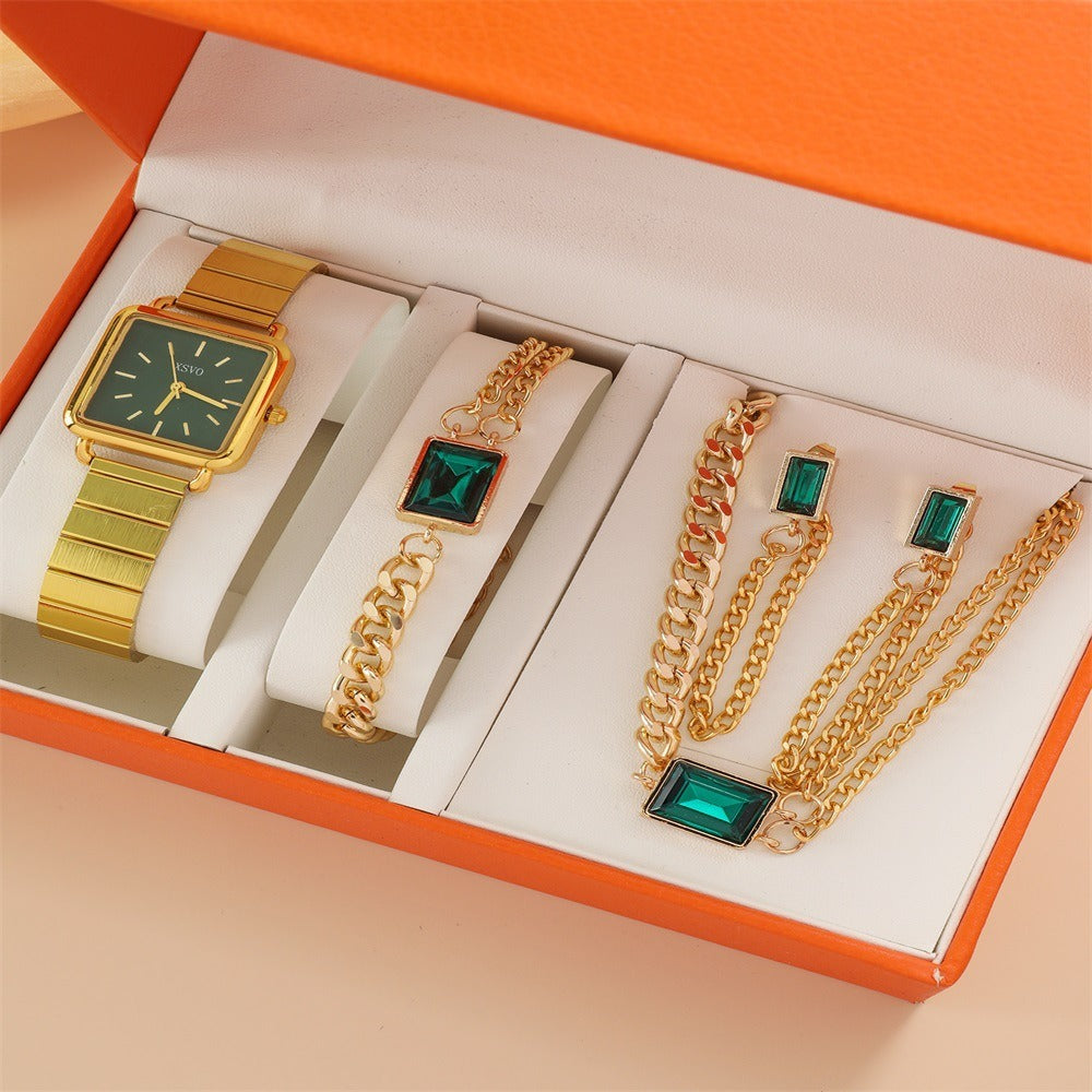 Quartz Watch & Emerald Jewelry Set