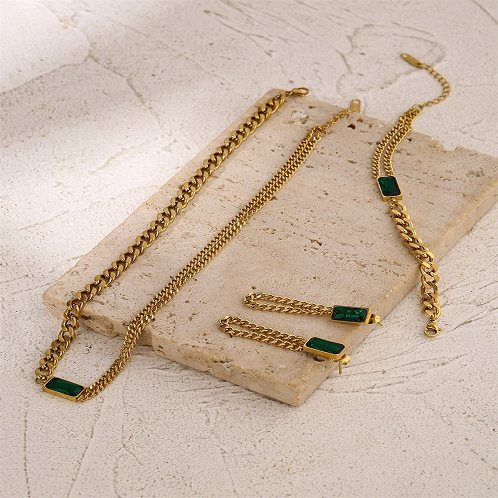 Quartz Watch & Emerald Jewelry Set