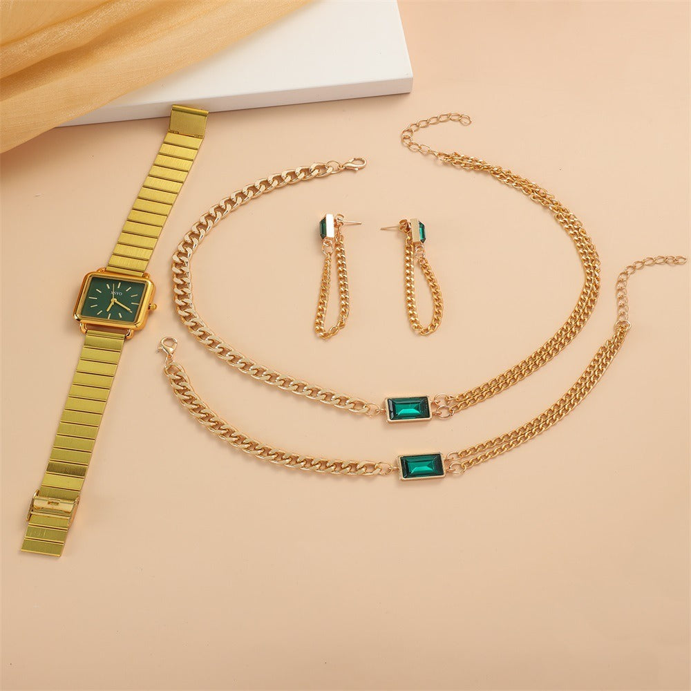 Quartz Watch & Emerald Jewelry Set